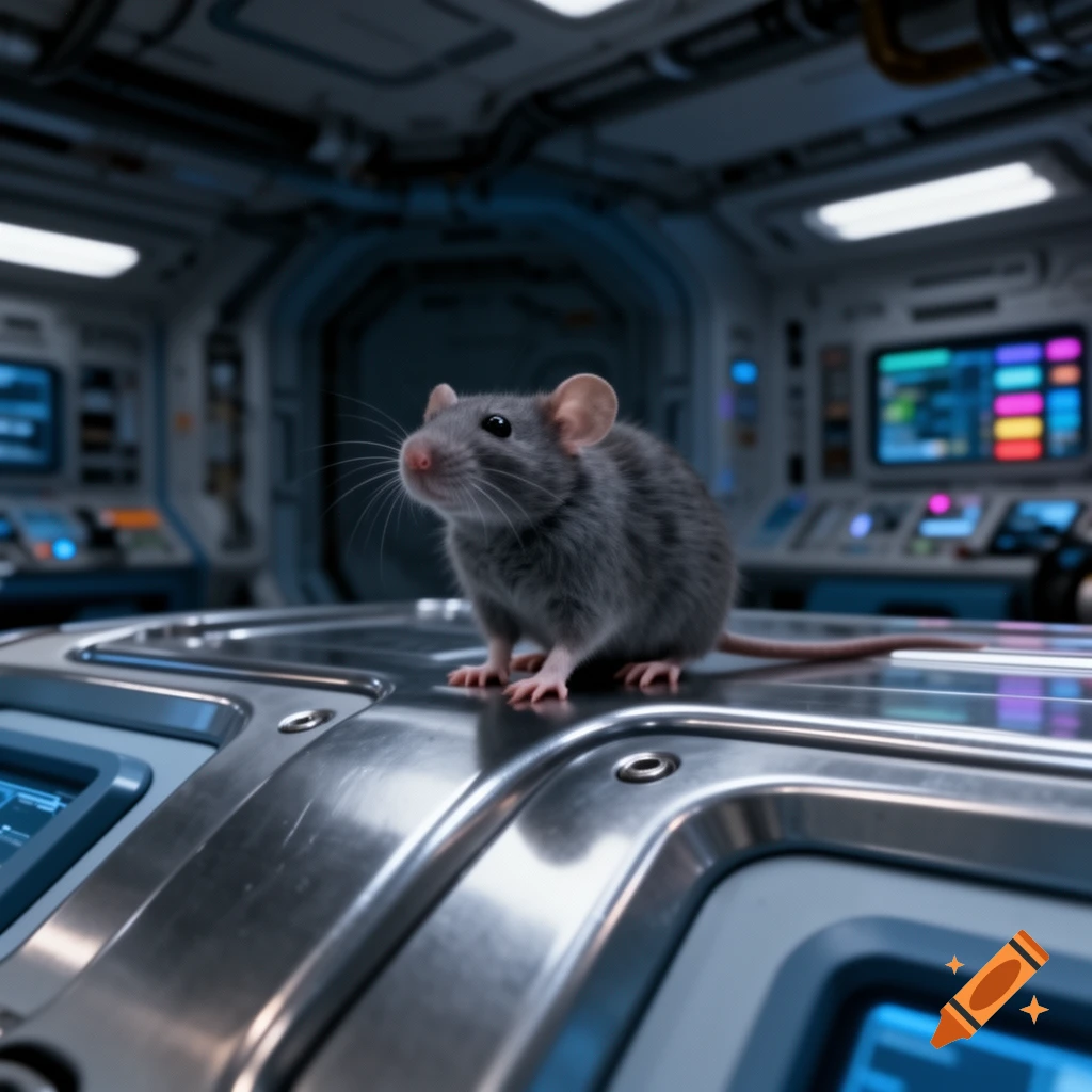 A small gray rat stands on a metallic console inside a futuristic spaceship cockpit with glowing screens, photorealistic.