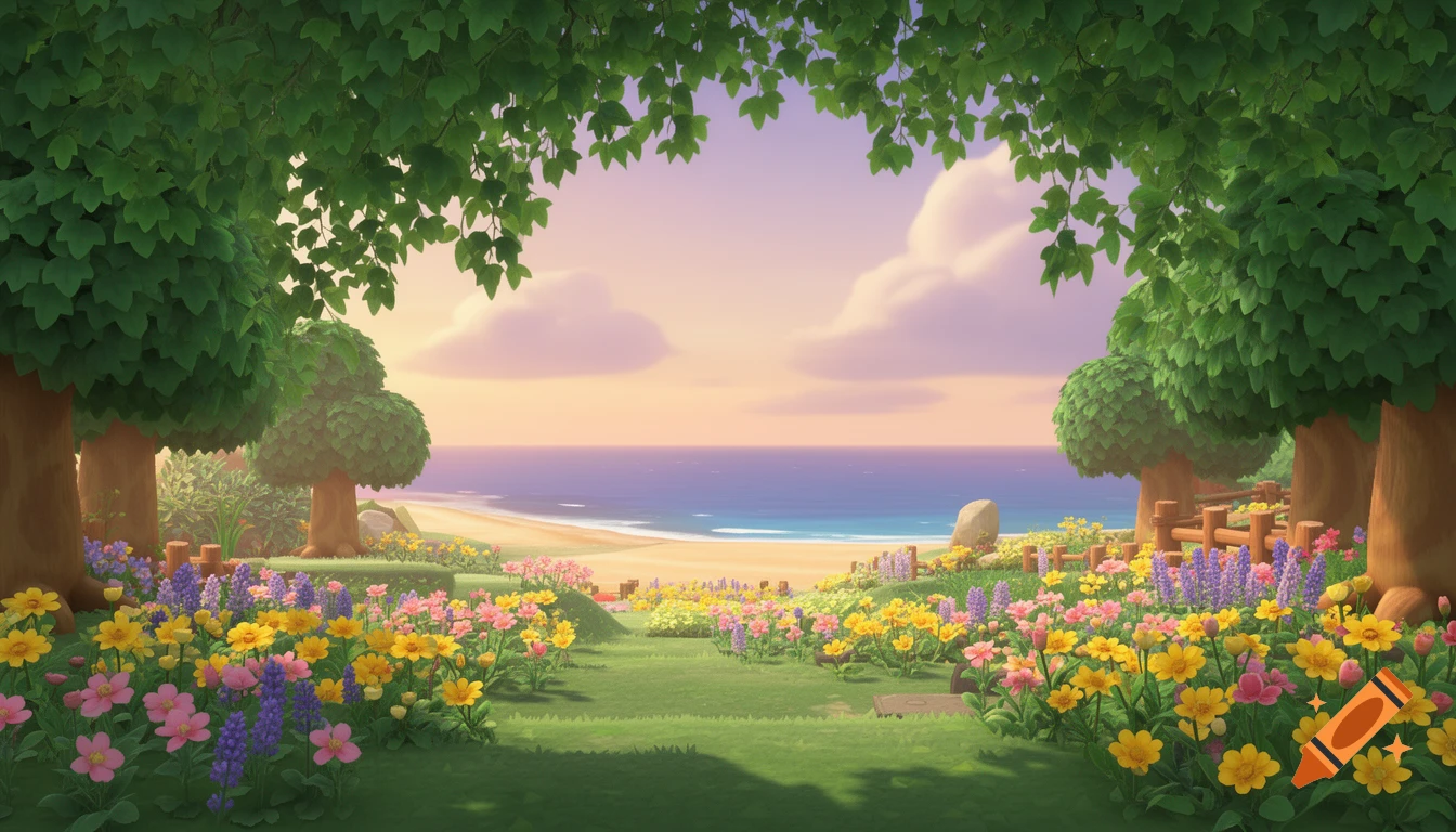A vibrant, stylized landscape features a path through colorful flowers and trees, leading to a sandy beach and ocean under a pastel sky, in the style of Animal Crossing.