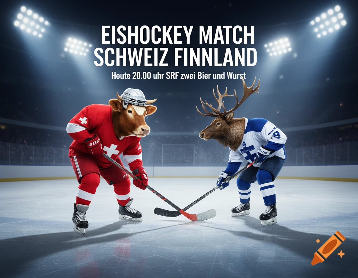 Photorealistic image of a cow in a Swiss ice hockey uniform and an elk in a Finnish uniform on an ice rink. Text announces an Eishockey match.