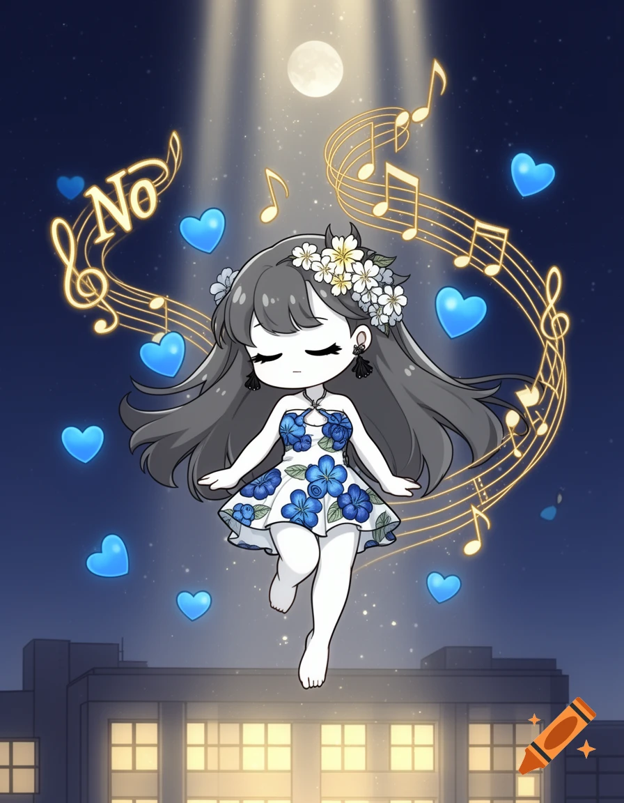 A chibi girl with dark gray hair and flowers floats above a building at night, surrounded by golden musical notes, blue hearts, and the word 'No' under a full moon.