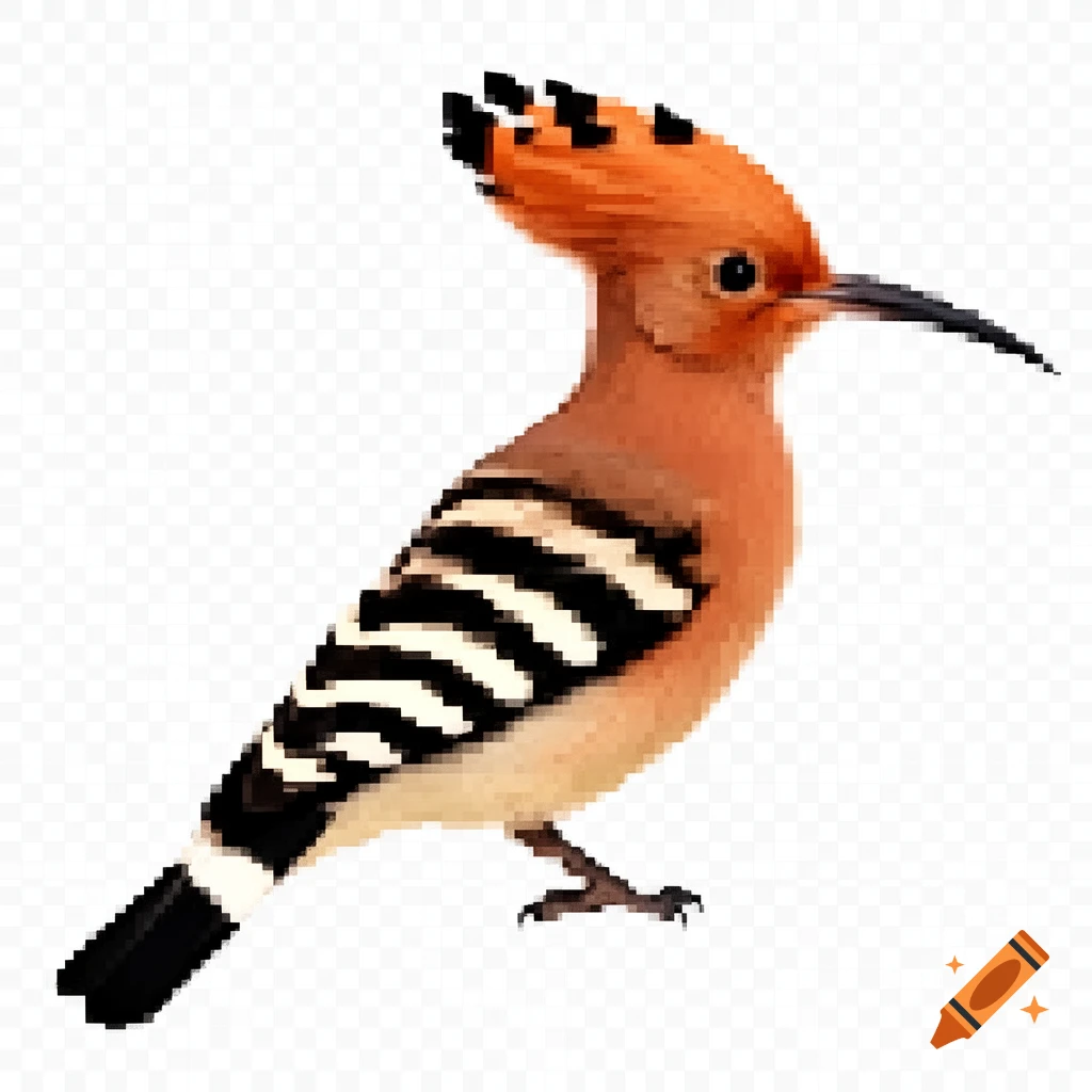 A pixel art illustration of a hoopoe bird with an orange crest, a long black beak, and black and white striped wings.