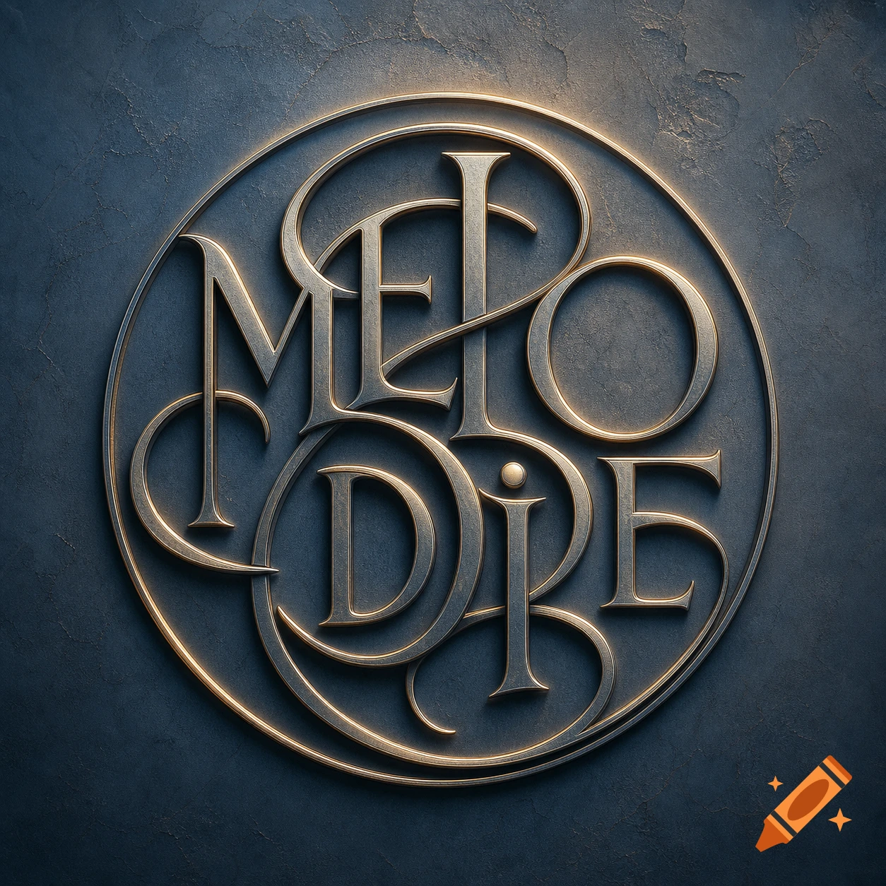 A stylized golden metallic logo with the letters MELODIE intricately woven within a circular frame, set against a dark textured background.