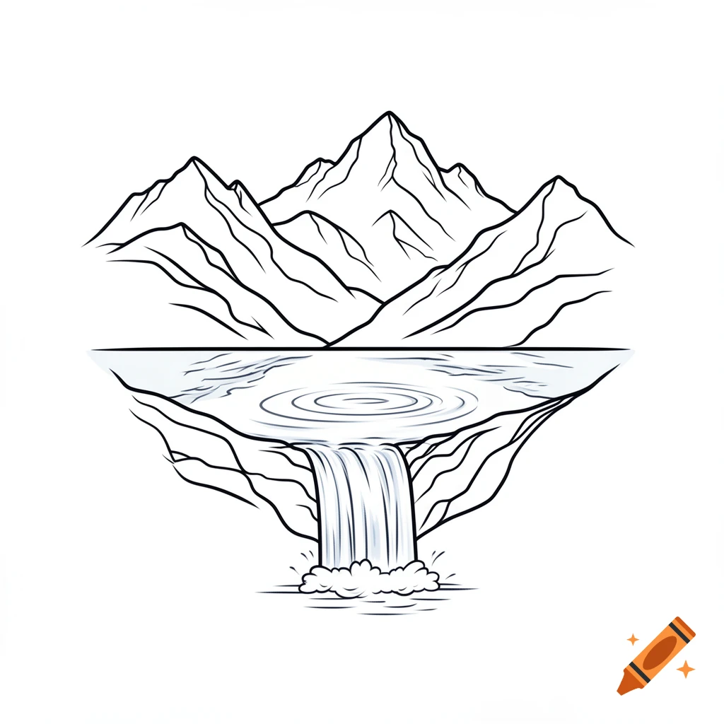 Stylized black and white line art illustration of mountains, a lake with ripples, and a waterfall flowing down.