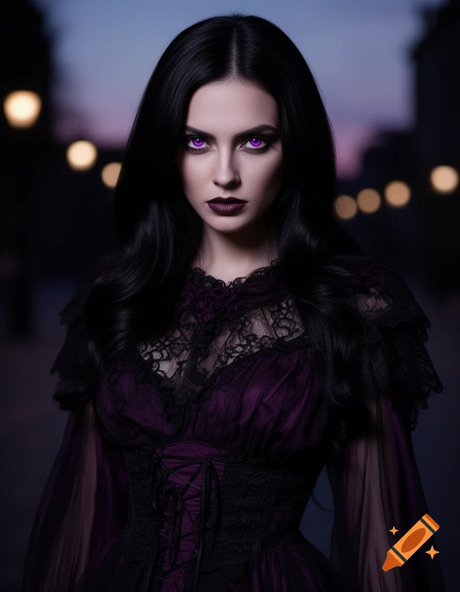 A woman with long dark hair, piercing violet eyes, and dark lipstick, wearing a purple and black lace gothic dress, against a dark city background at dusk.