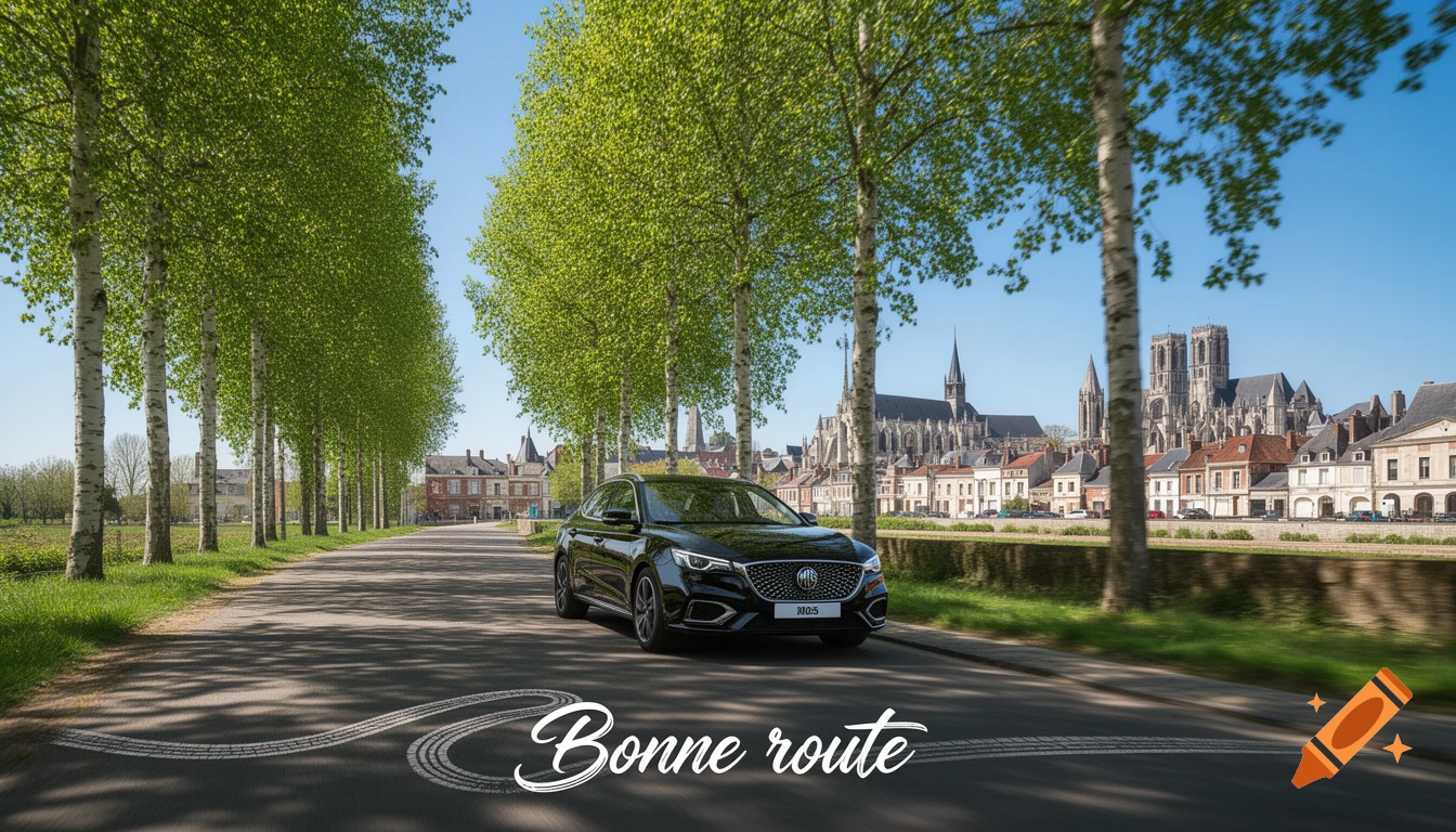 A black MG car drives on a tree-lined road with a river and cathedral city in the background on a sunny day. 'Bonne route' is written on the road.