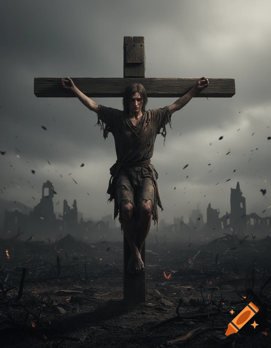 A person with ripped clothes is crucified on a wooden cross amidst a desolate, war-torn city under a stormy sky, in a dark, dramatic style.