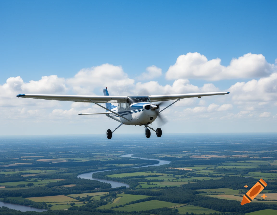 A white and blue Cessna 172 airplane flying over a green rural landscape with a winding river under a blue sky with white clouds.