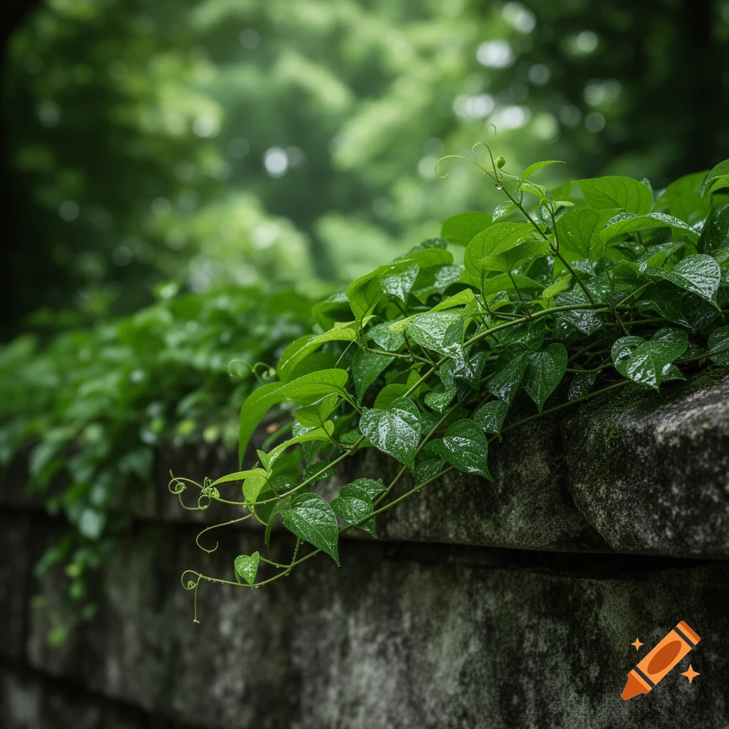 Close-up of vibrant green ivy with water droplets clinging to a mossy stone wall, with a blurred green background.