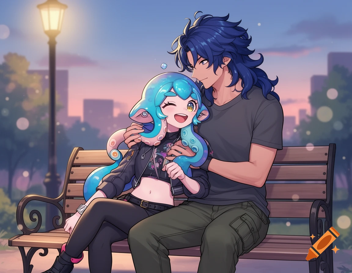Anime-style image of a blue-haired octoling girl laughing on a park bench, with a dark-haired man embracing her.