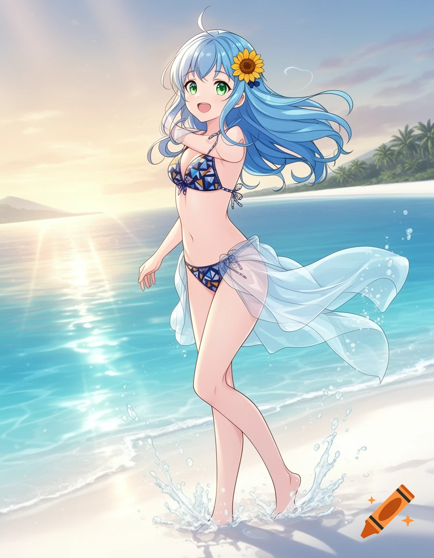 Smiling anime girl with blue hair in a patterned bikini and sheer sarong walking on a sunny beach, water splashing around her feet.