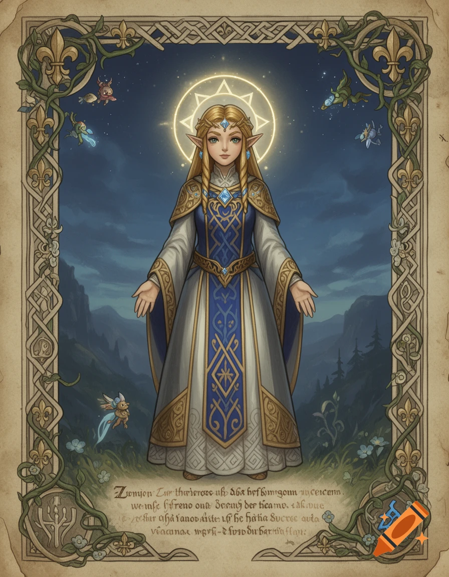 Princess Zelda in a medieval manuscript style, wearing a blue and gold gown with a halo, surrounded by an ornate border.