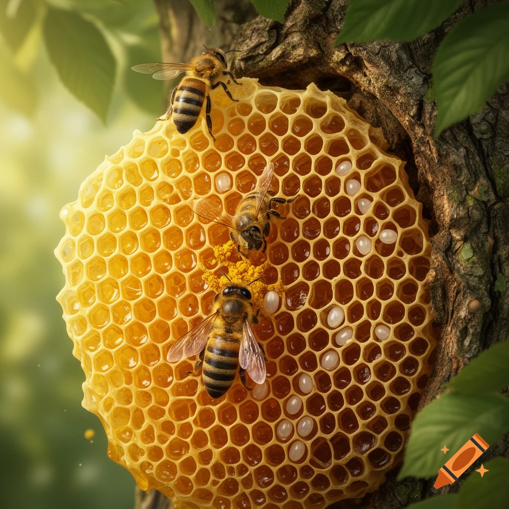 Three bees on a golden honeycomb attached to a tree trunk, with larvae visible in some cells. Photorealistic close-up.