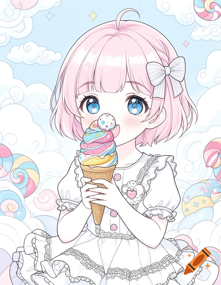 An anime girl with pink hair and big blue eyes eats a colorful ice cream cone, set against a whimsical sky background.