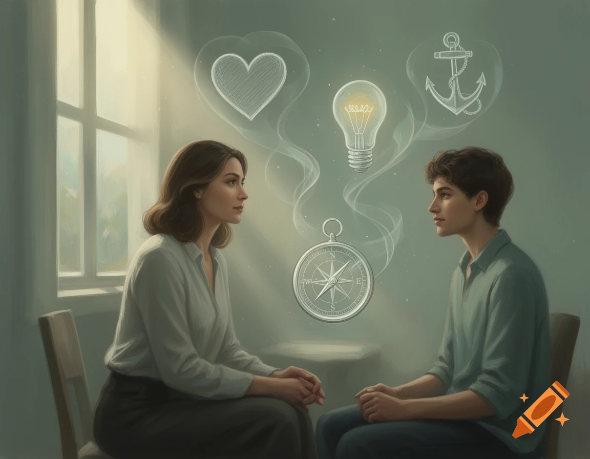A woman and a man sit facing each other in a room, with glowing symbols of a heart, lightbulb, anchor, and compass floating between them.