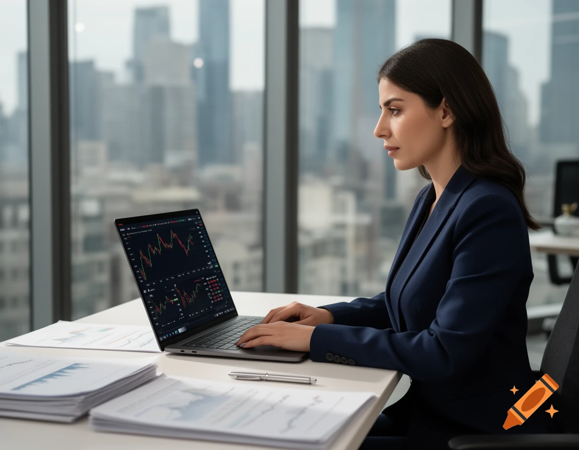 A woman in a blue suit works on a laptop displaying stock charts in a modern office with city views.