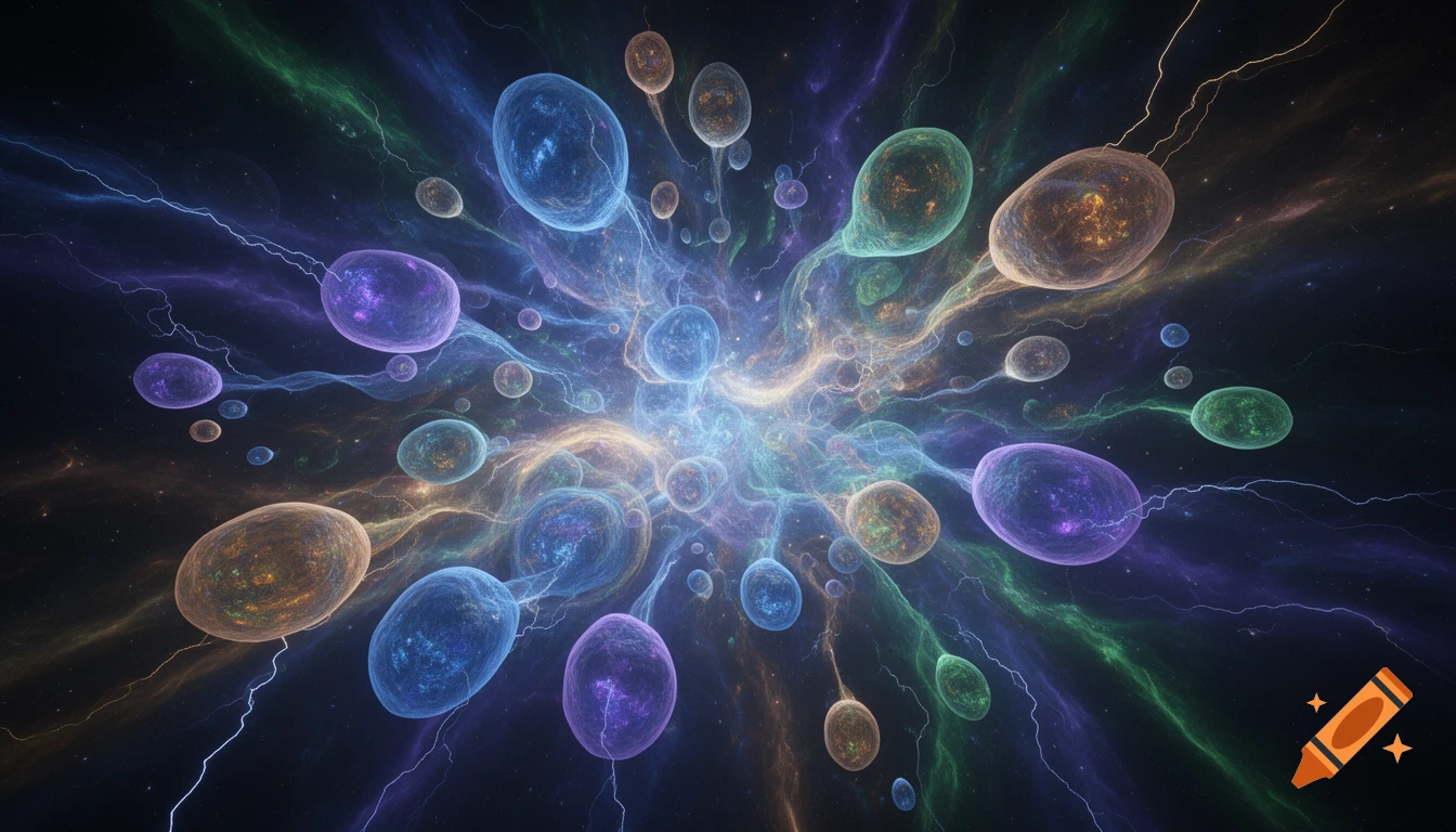 Luminescent, translucent cells in various colors like blue, purple, green, and orange, connected by glowing energy tendrils, against a dark, cosmic storm background with lightning-like streaks.