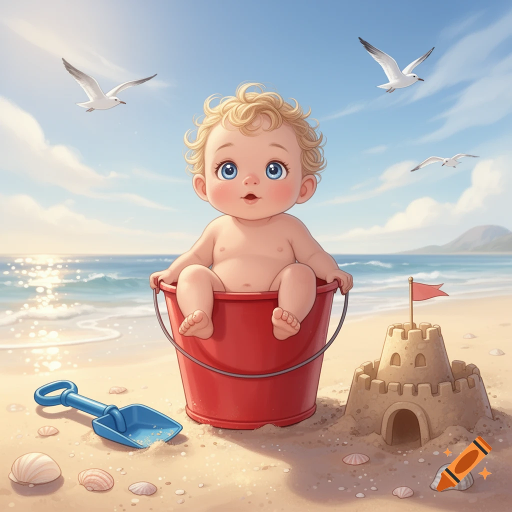 Illustration of a cute baby in a red beach bucket on a sunny sandy beach with a sandcastle, blue shovel, seashells, and seagulls.