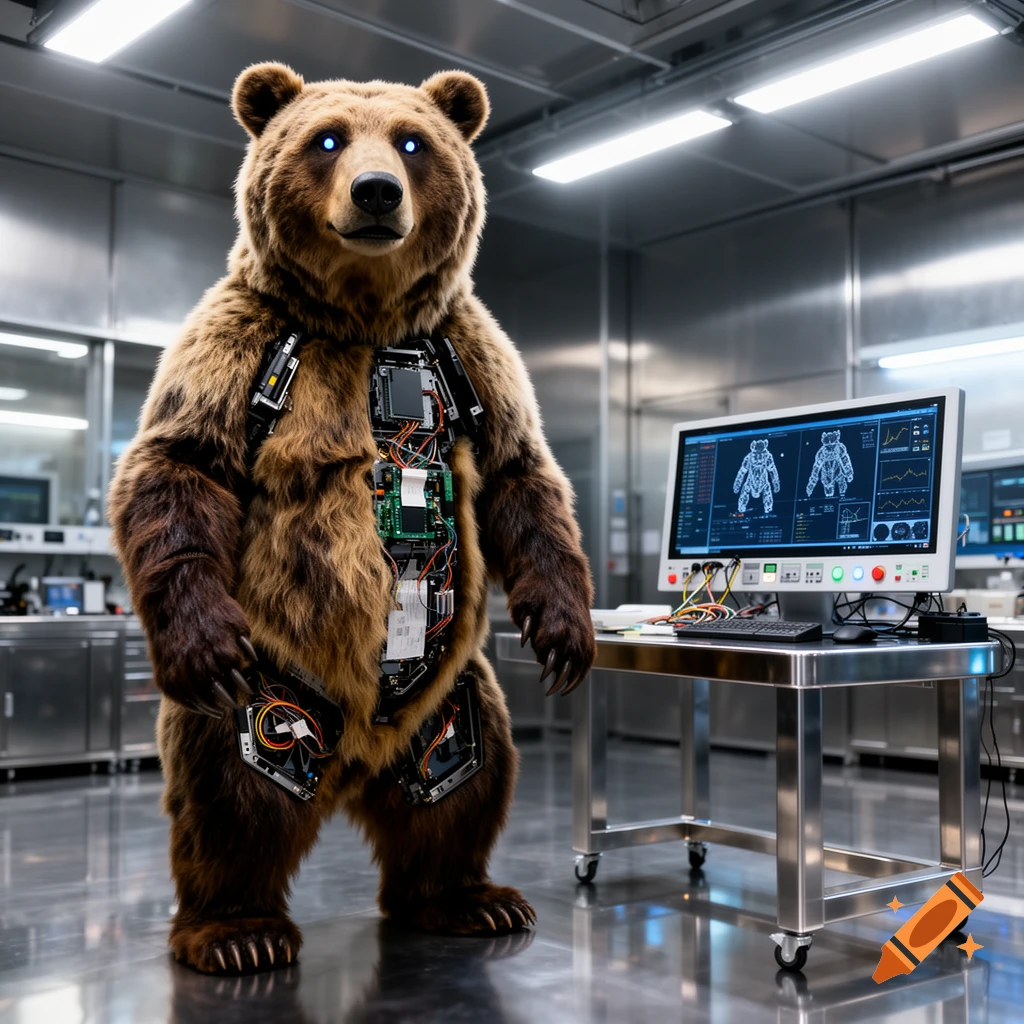 A robotic bear with exposed internal wiring stands in a sterile lab next to a computer displaying schematics.