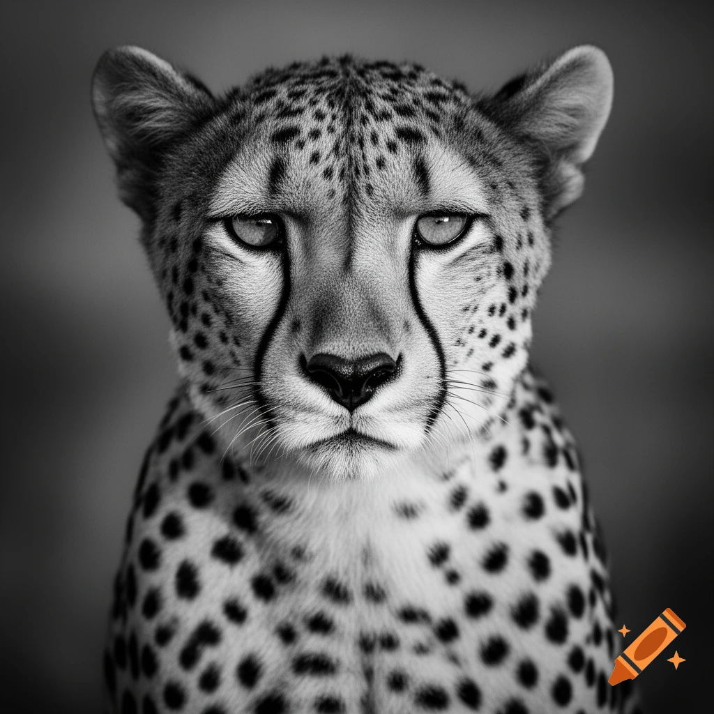 Close-up black and white portrait of a cheetah looking forward.
