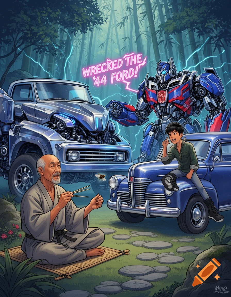 Mr. Miyagi meditates with chopsticks as Daniel and Optimus Prime stand by classic cars in a bamboo forest, with neon text 'WRECKED THE '44 FORD!'.