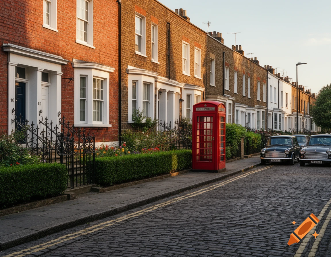 Photorealistic image of a traditional British street with a red telephone booth, terraced brick houses, and two classic cars.