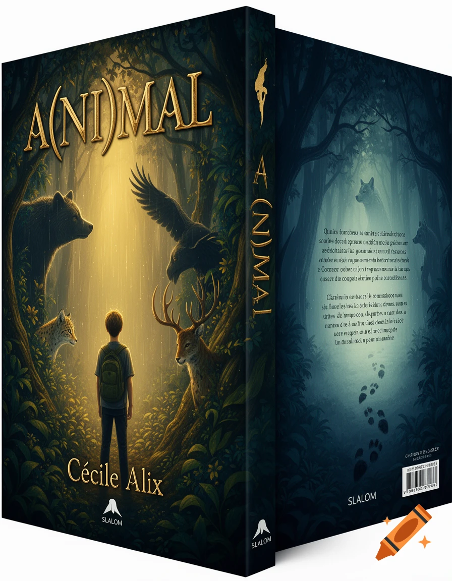 A book cover for 'A(NI)MAL' shows a boy in a golden-lit forest with a bear, eagle, lynx, and deer. Dark forest on the back with paw prints.