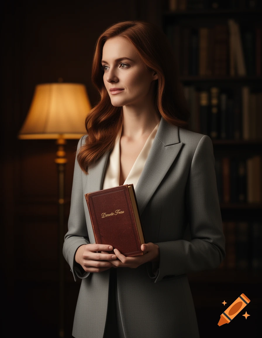 A photorealistic portrait of a red-haired woman in a gray suit holding a book in a dimly lit library.