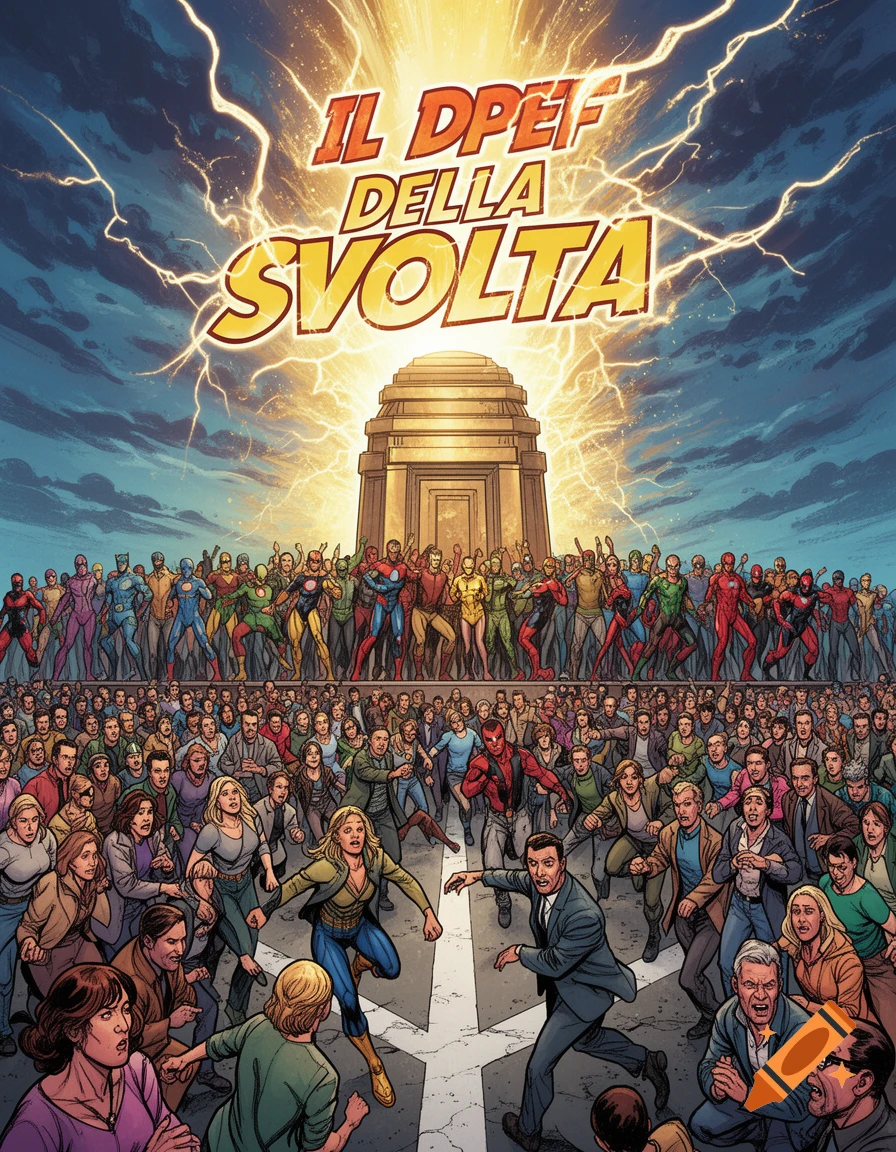 Comic book cover with a crowd running, superheroes, glowing monument, and lightning. Text: "IL DPEF DELLA SVOLTA" at the top.
