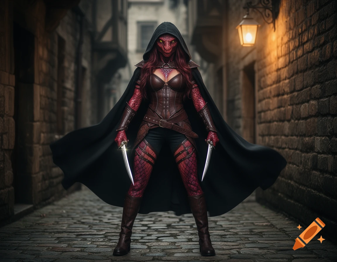 Red Dragonborn female rogue with daggers and a black hooded cloak in a medieval alley.