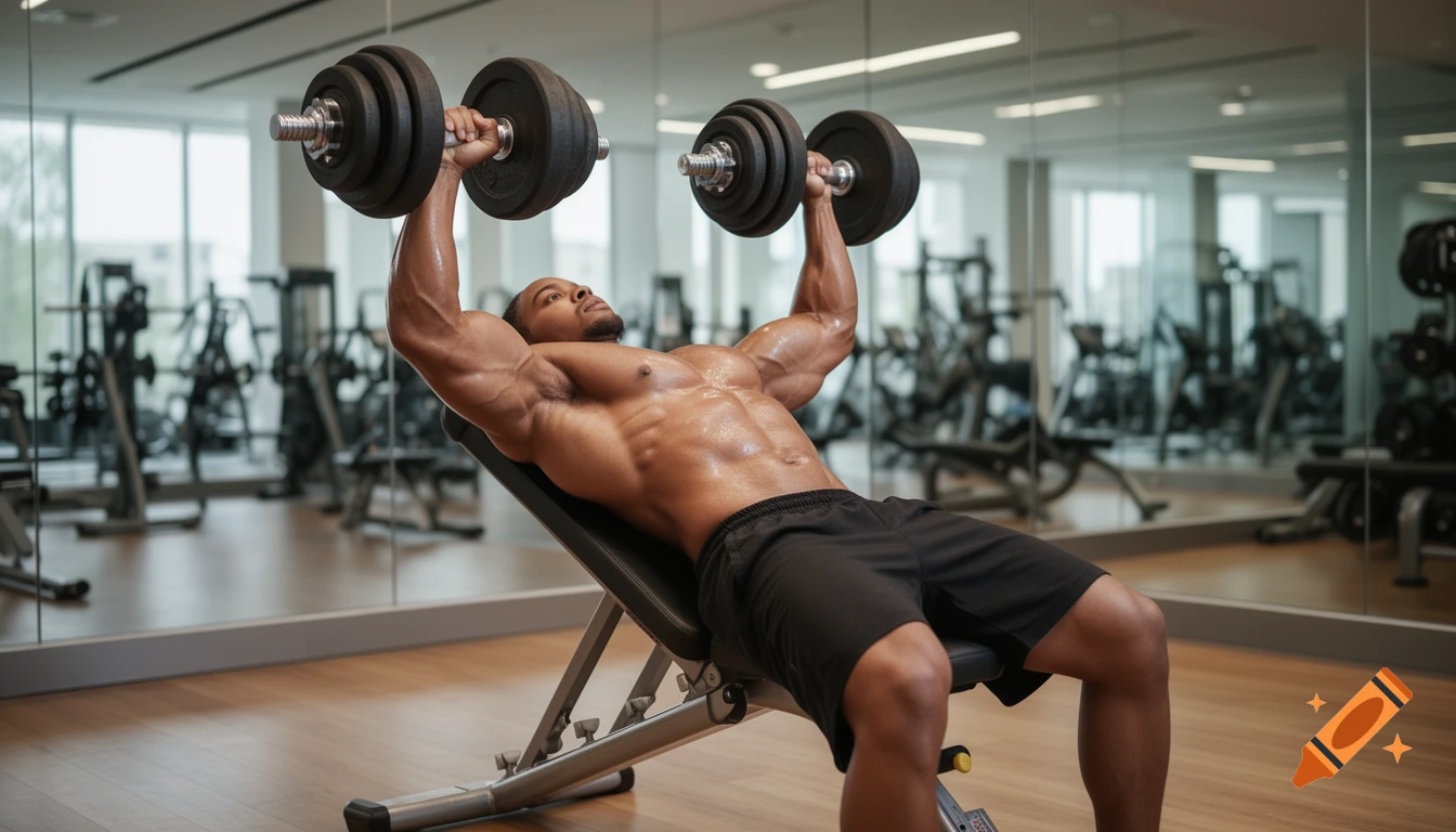 A muscular man performs an incline dumbbell press in a modern gym, sweat glistening on his body.