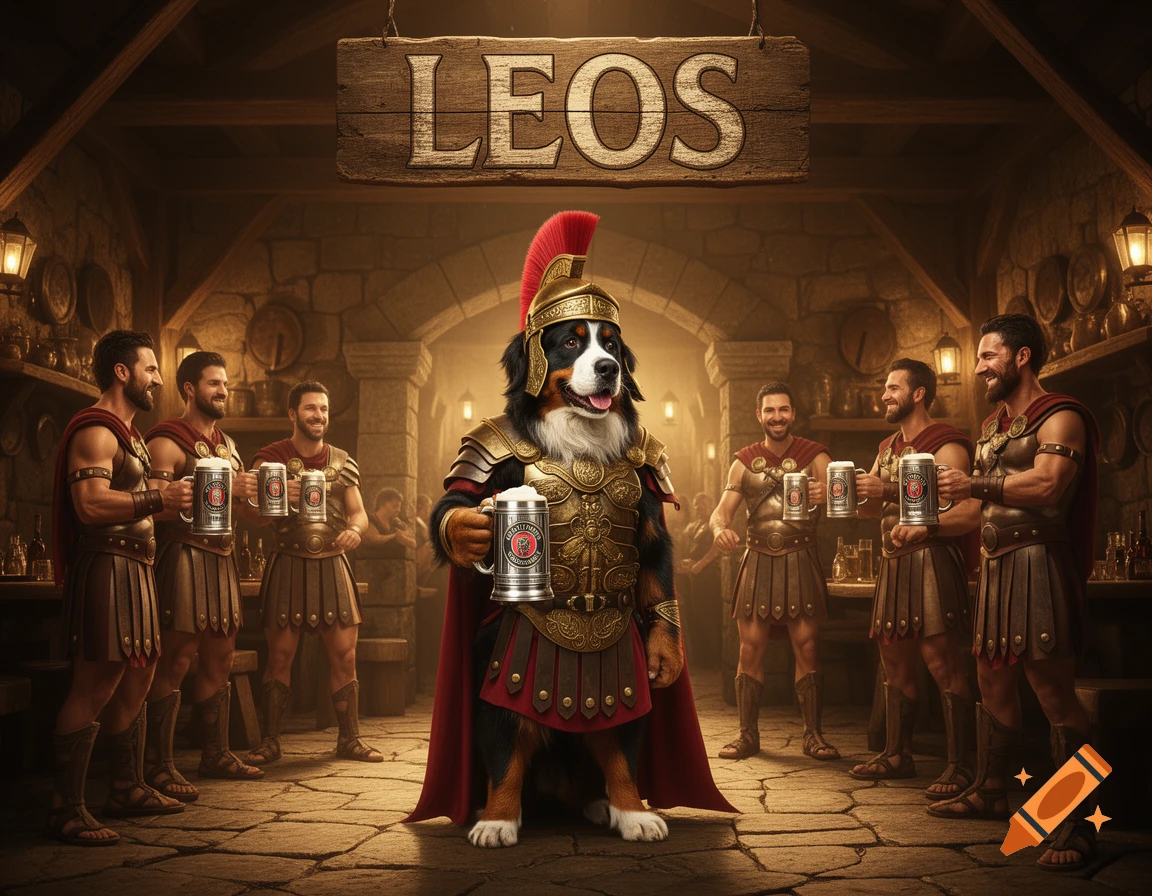 A large Bernese Mountain Dog in Roman armor holds a beer stein in a tavern, surrounded by men in Roman attire. A sign reads 'LEOS'.