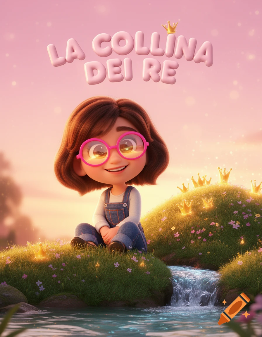 A cute 3D cartoon girl with pink glasses sits by a stream next to a magical hill with golden crowns. Pink sunset sky.