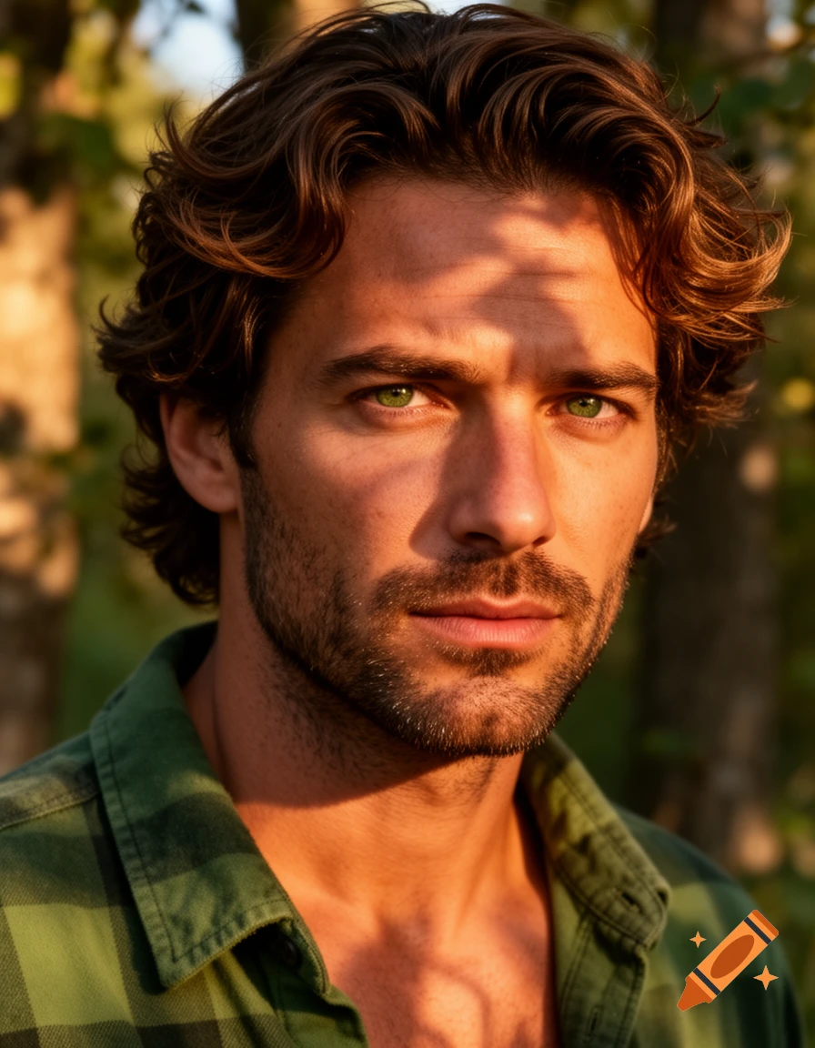 Close-up portrait of a man with green eyes, wavy brown hair, and a beard, wearing a green plaid shirt, in dappled outdoor light.