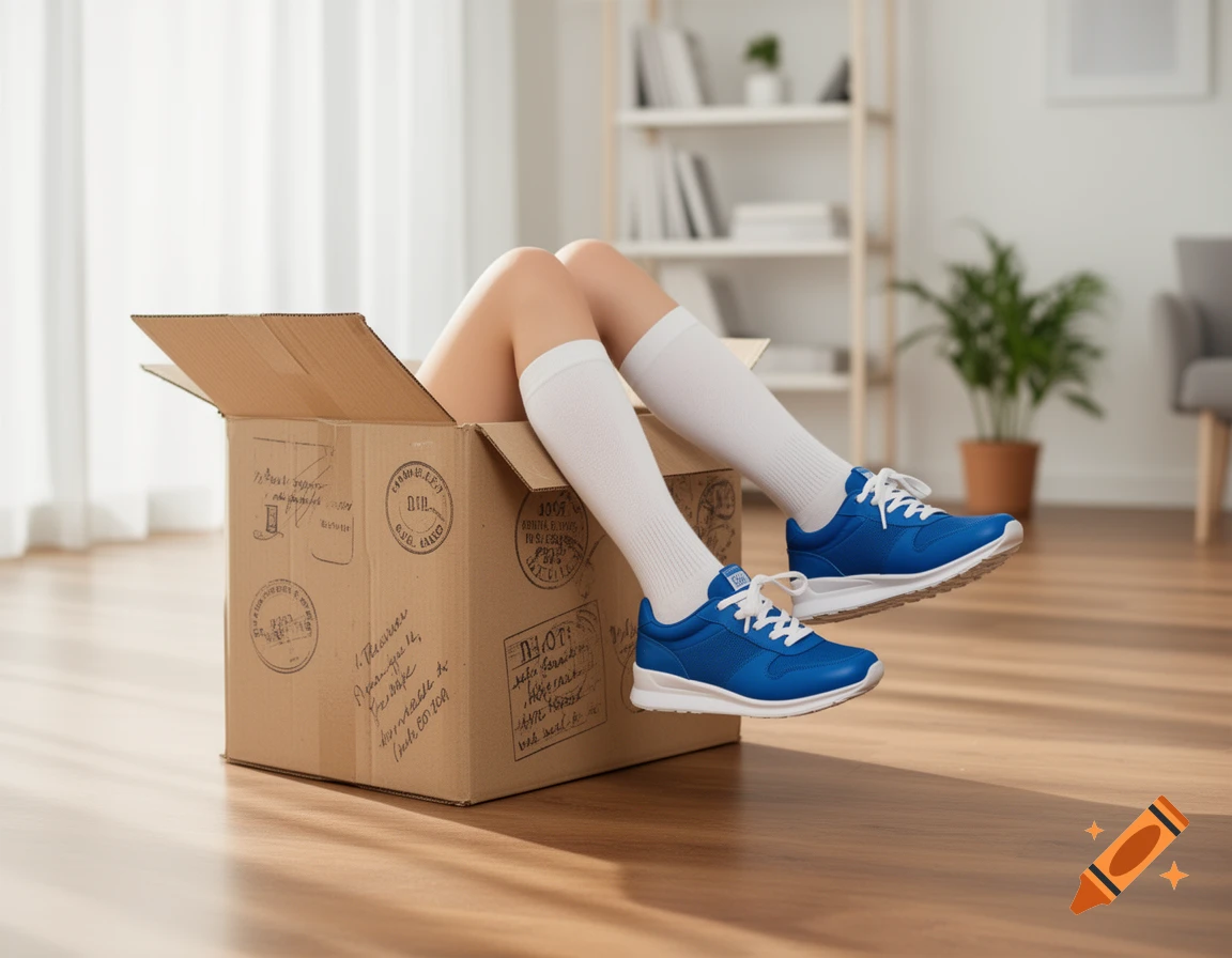 Female legs in white socks and blue sneakers protrude from a cardboard box on a wooden floor in a bright room.