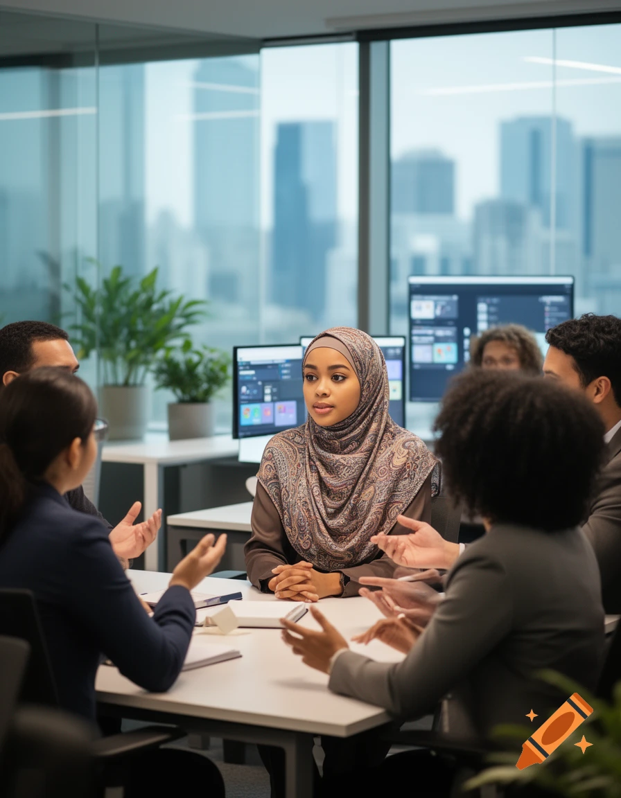 A diverse group of professionals, including a woman in a hijab, meet around a table in a modern office with city views.