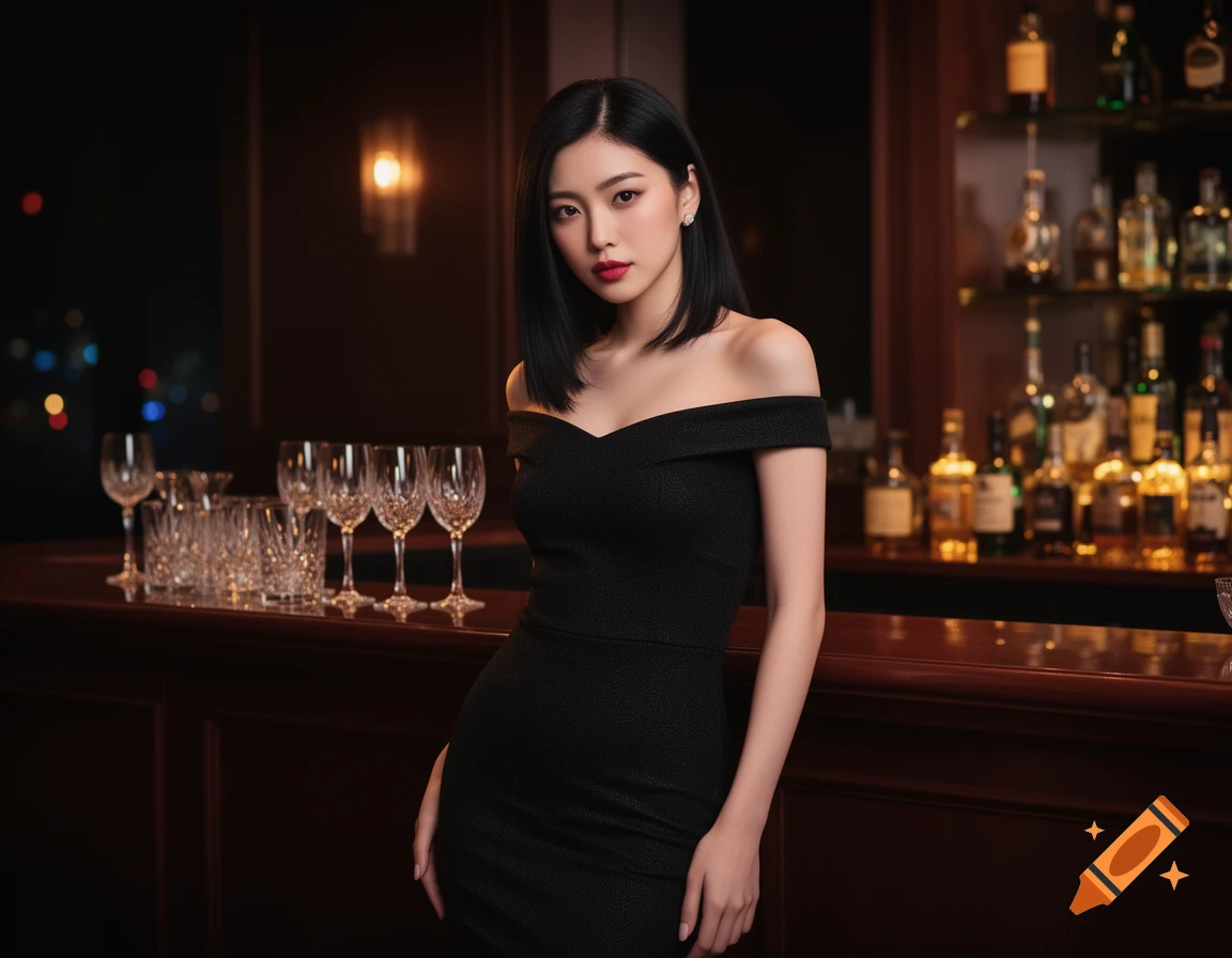 A photorealistic portrait of a young Japanese woman in a black off-shoulder dress, posing at a dimly lit bar counter.