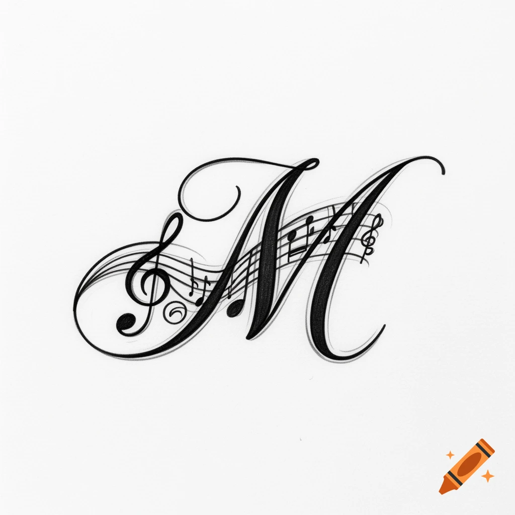 Black ink fine-line cursive letter M intertwined with musical notes and a treble clef on a white background.
