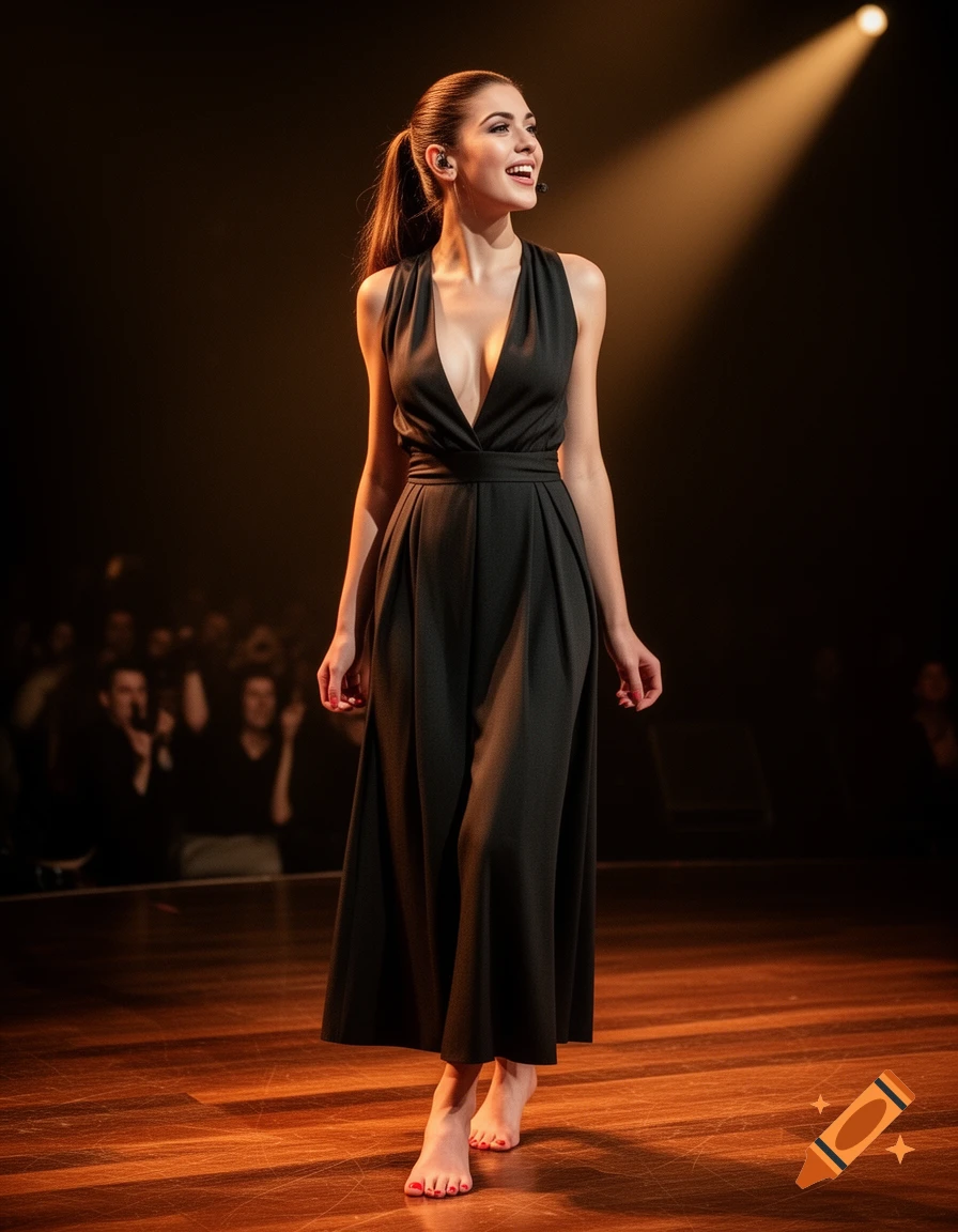 A smiling young woman in a black elegant dress with a ponytail stands barefoot on a spotlighted stage.