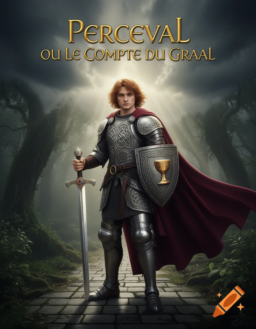 A knight in ornate armor, identified as Perceval, stands holding a sword and shield on a forest path, with 'PERCEVAL OU LE COMPTE DU GRAAL' above.