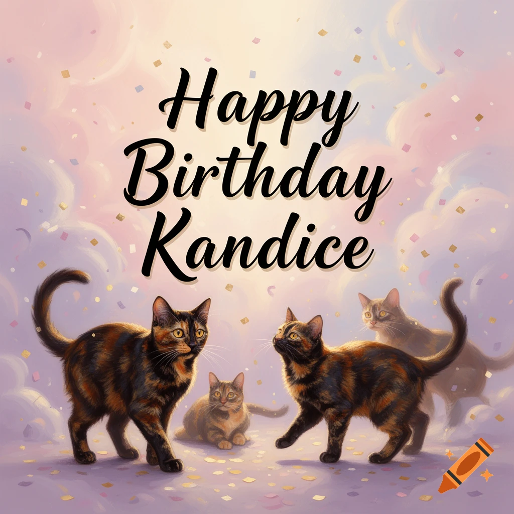 Four tortoiseshell cats on a pink and purple background with confetti and the text 'Happy Birthday Kandice'.