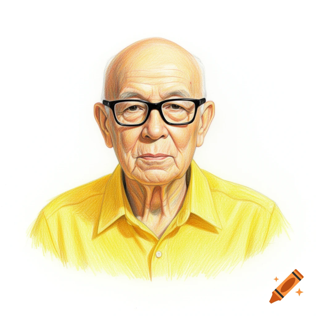 Colored pencil drawing of a bald elderly man with black glasses, wearing a yellow collared shirt, against a white background.