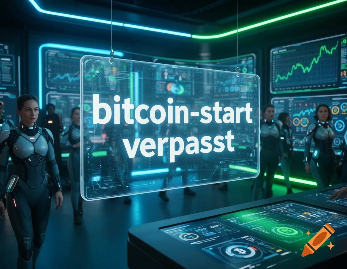 A woman in a futuristic suit in a high-tech control room with screens and a transparent sign 'bitcoin-start verpasst'.
