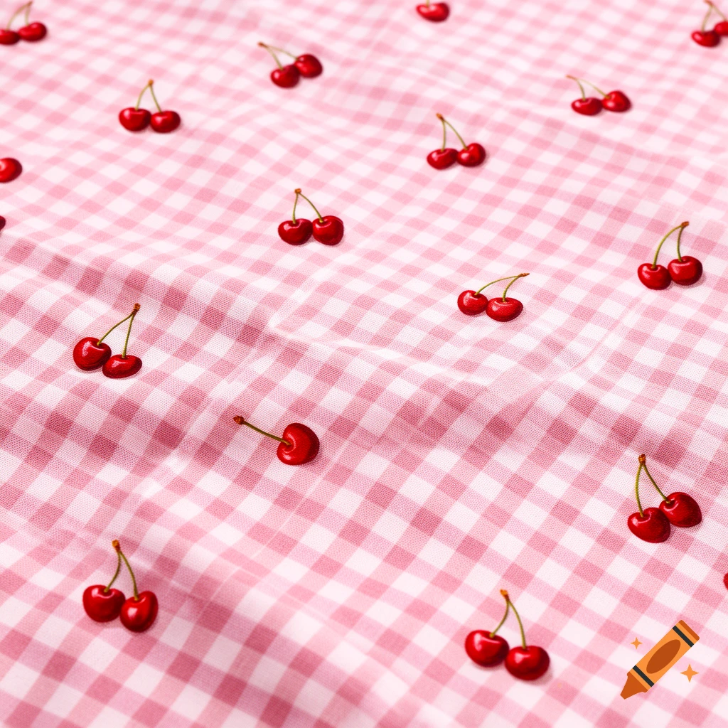 A close-up, top-down view of a pink and white gingham pattern fabric with scattered small, shiny red cherries.