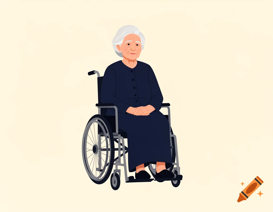 A modern, minimalist flat-design vector illustration of an elderly woman with white hair sitting in a wheelchair.