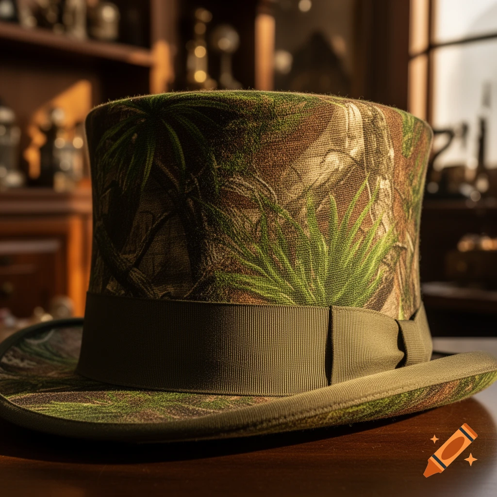 A top hat patterned in multicam tropic camouflage, resting on a wooden surface with a blurred background.