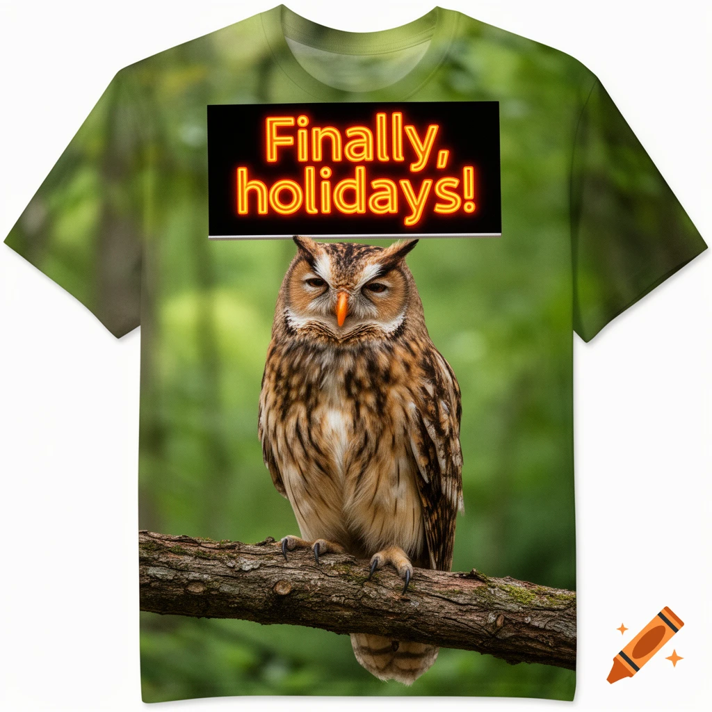A t-shirt with a realistic owl perched on a branch, holding a neon orange sign above its head that reads 'Finally, holidays!' against a blurred green forest background.