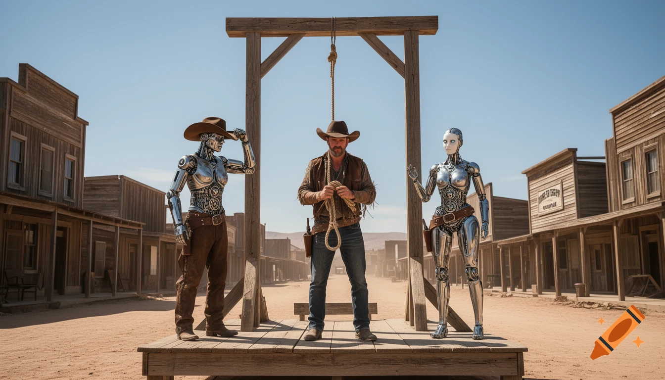 A man on a gallows holds a noose, flanked by two chrome humanoid robots in a dusty old Western town.