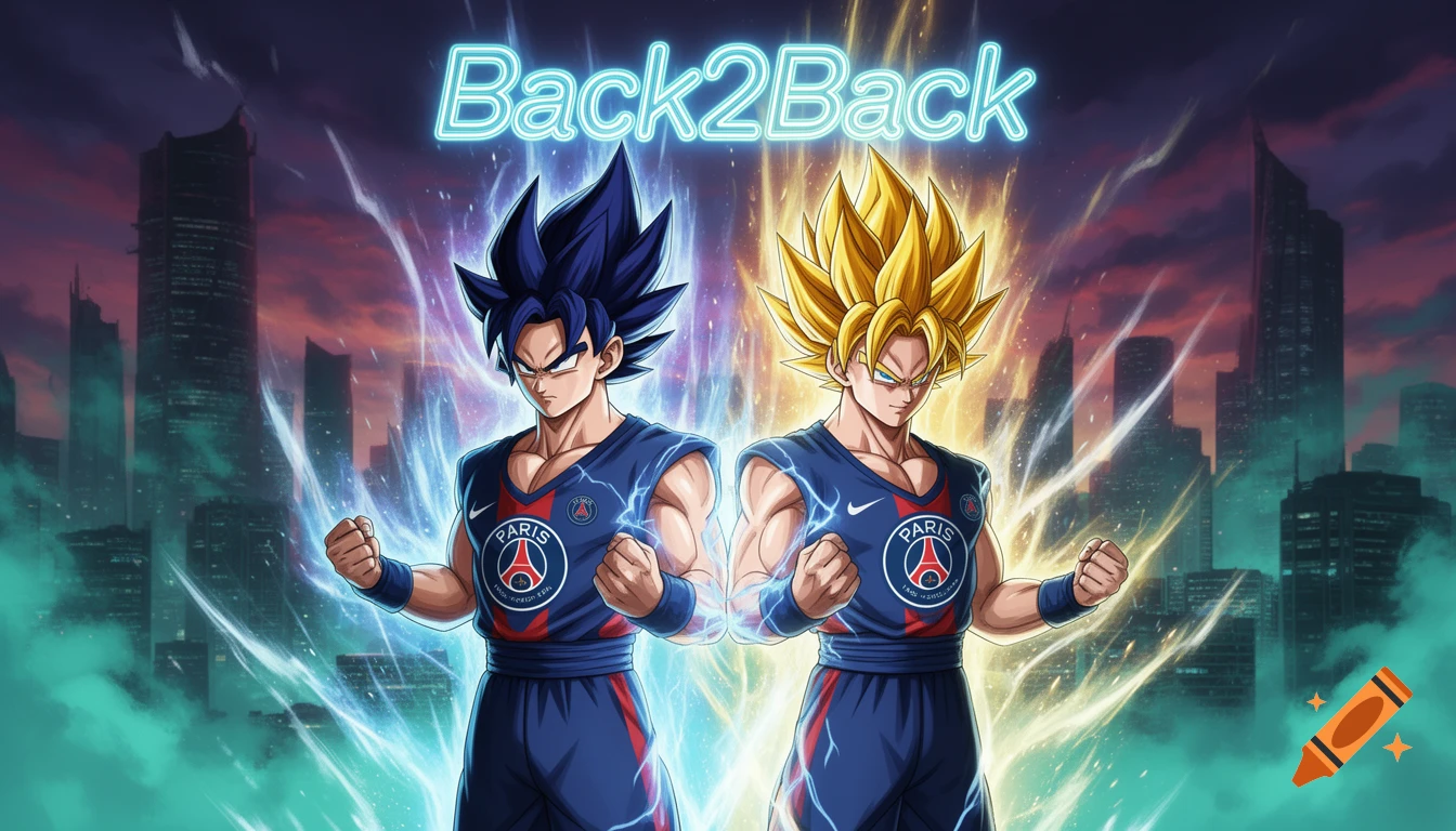 Anime art of Goku in Super Saiyan Blue and Super Saiyan forms, wearing PSG jerseys, with 'Back2Back' text, against a city skyline.