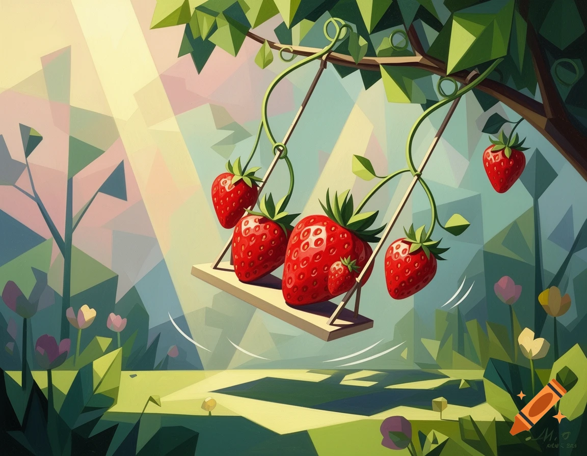 Cubist illustration of large red strawberries on a wooden swing, hanging from a branch in a bright, geometric forest scene.