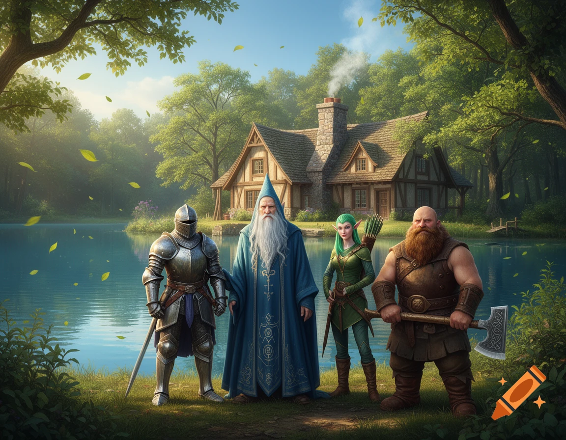 A knight, wizard, elf, and dwarf stand by a lake in front of a cozy cottage in a lush fantasy forest.